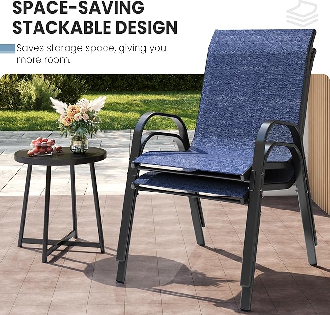 Patio Dining Chairs Set of 8, Outdoor High Stacking Chairs，Breathable Seat Fabric and Alloy Steel Frame for Backyard, Porch, Garden, Sunroom (Blue)