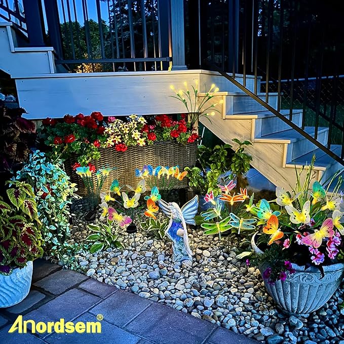 Anordsem Solar Garden Lights Outdoor: 8 Removable Optical Fiber Dragonflies 2 Pack - Waterproof Fun Animal Decoration for Yard Patio Path - Gardening Gifts for Garden Lovers Over 30