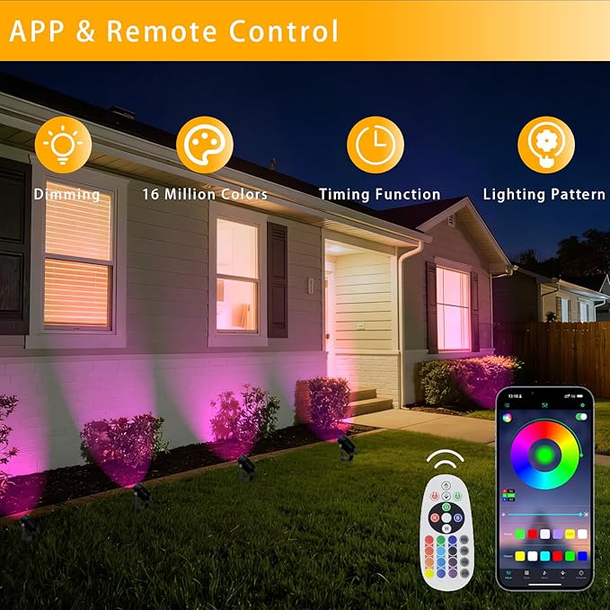 Smart RGB Low Voltage LED Spotlights, APP & Remote Control,Synchronous Dimming Lighting System, IP65 Waterproof,16 Million Colors for Outdoor Landscape,Yard,Garden,Holiday Decoration (8 Pack)
