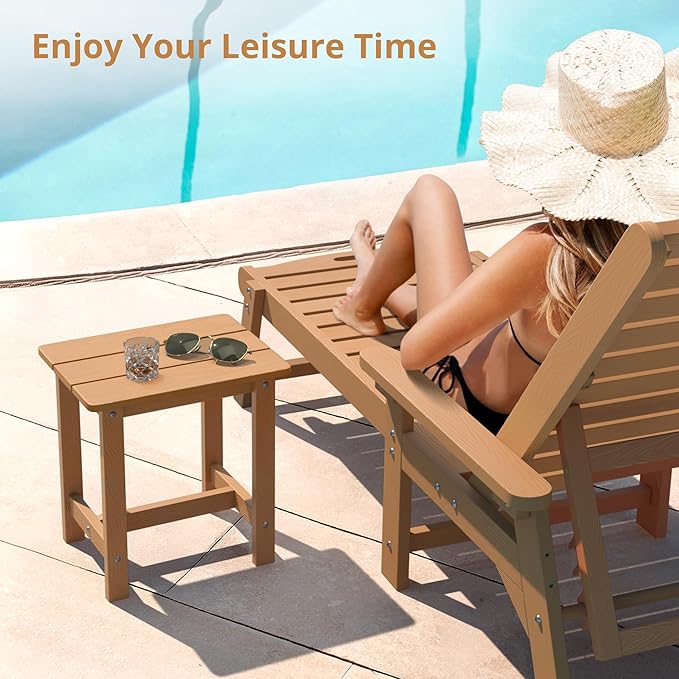 LUE BONA Outdoor Side Table, HDPS Small Outdoor Table, Adirondack Side Table, Outside End Table for Patio, Porch, Deck, Weather Resistant/Easy Maintenance/Indoor or Outside Use, Teak Color