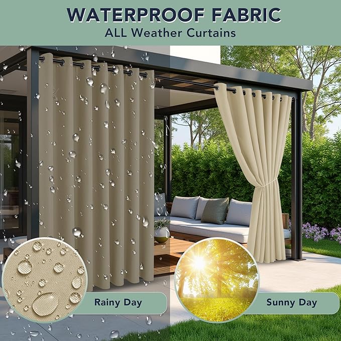 Outdoor Curtains for Patio Waterproof - 6 Panels Privacy Weatherproof Outside Curtains with Grommets for Pergola, Gazebo, Porch, Cabana, Balcony, 54 x 108 Inch, Cream