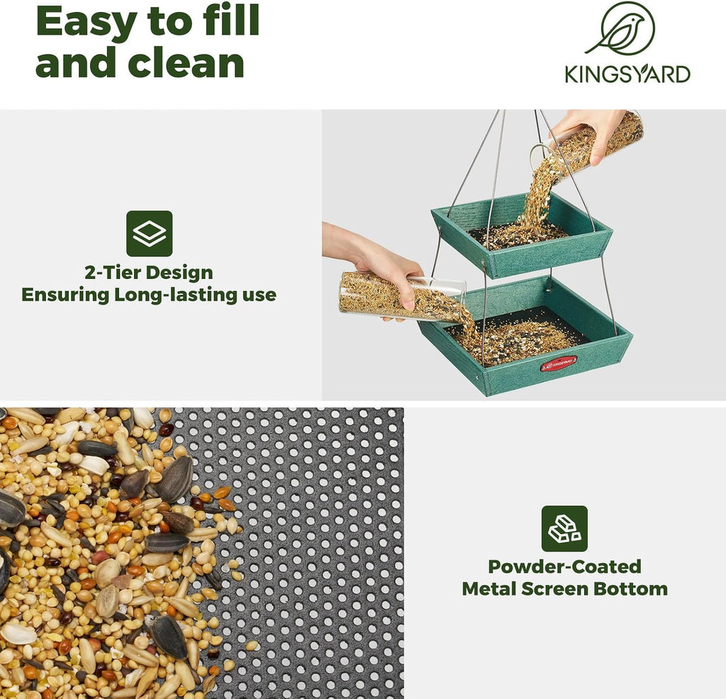 Kingsyard 2 Tier Large Platform Bird Feeder for Outdoors Hanging | Large Recycled Poly Lumber Tray, 5 Lbs Capacity, Garden Decoration Attracts Cardinal Bluebird Goldfinch, Green