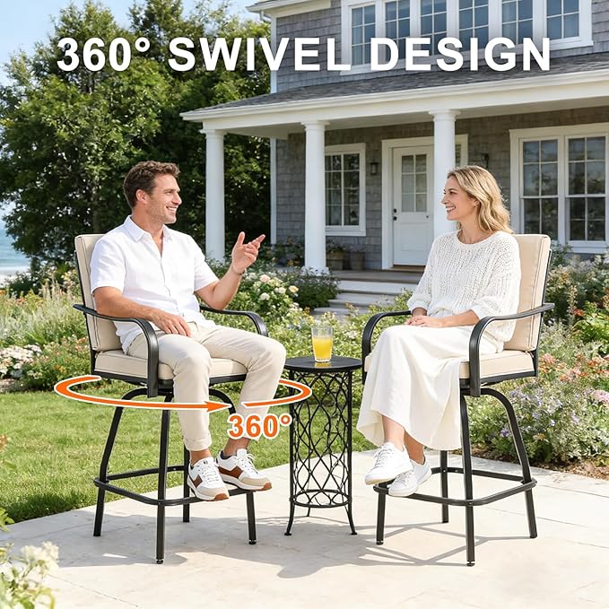 Patio Swivel Bar Stools Set of 6, Outdoor Bar Height Swivel Chairs with Cushions for Garden Balcony Backyard, Beige