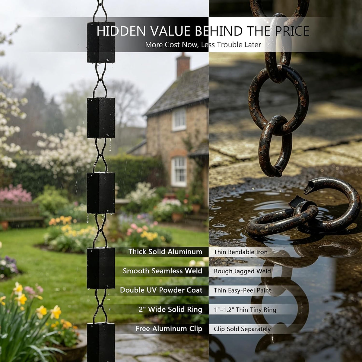 3 ft aluminum rain chain for gutters outside showing dimensions