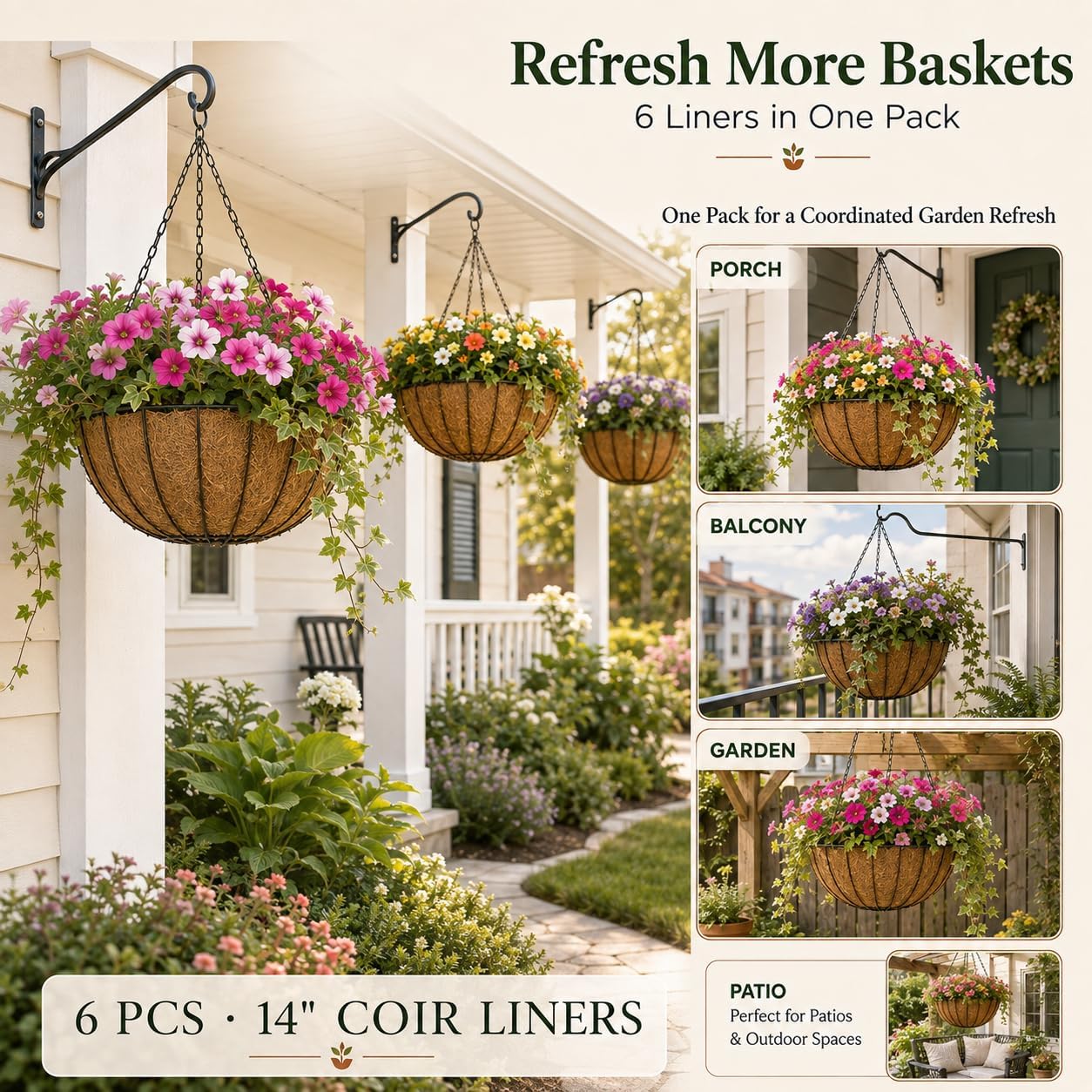 Sinimaka Coco Liners for Planters 14 Inch, 6 Pack Round Hanging Basket Liners, Coconut Fiber Liners for Planters Flowers Garden