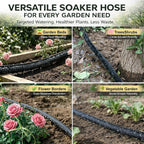Flat Soaker Hose 25 ft 4-Pack with Splitter, 80% Water-Saving Drip Irrigation Hose 100 ft, Linkable DIY Garden Soaker Hose System for Garden Beds, Lawn, Vegetables & Trees (25ft 4-pack)