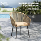 PHI VILLA Wicker Patio Dining Chairs Set of 4 Rope Rattan Chairs | Outdoor Modern Brown Rope Rattan Chairs with Metal Legs & Cushions, Outside Dining Chairs for Deck, Porch, Backyard