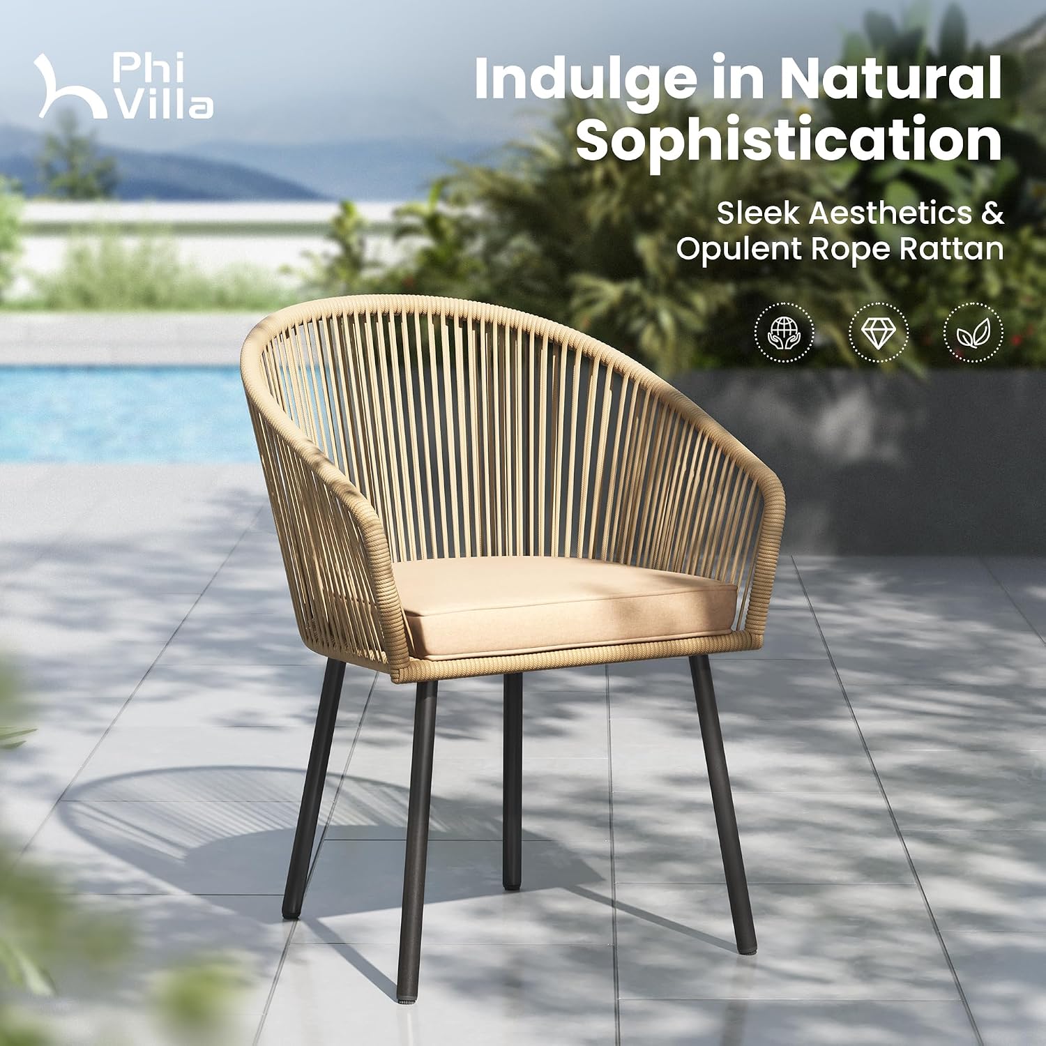 PHI VILLA Wicker Patio Dining Chairs Set of 4 Rope Rattan Chairs | Outdoor Modern Brown Rope Rattan Chairs with Metal Legs & Cushions, Outside Dining Chairs for Deck, Porch, Backyard