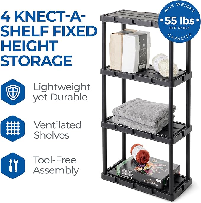 Gracious Living Light Duty Storage Shelves, Knect-A-Shelf 4-Shelf Ventilated Shelving Rack Organizer for Home, Garage, Basement & Laundry, Black