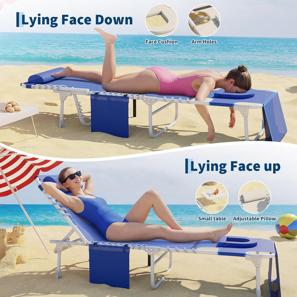 Garvee Tanning Chair with Face Hole, 3-in-1 Outside Beach Lounge Chair with Folding Table, 5 Reclining Positions and Removable Pillow, for Beach, Pool, Patio, Garden -Max 330lbs (Blue) | with Folding Table, 5 Reclining Positions and Removable Pillow, for
