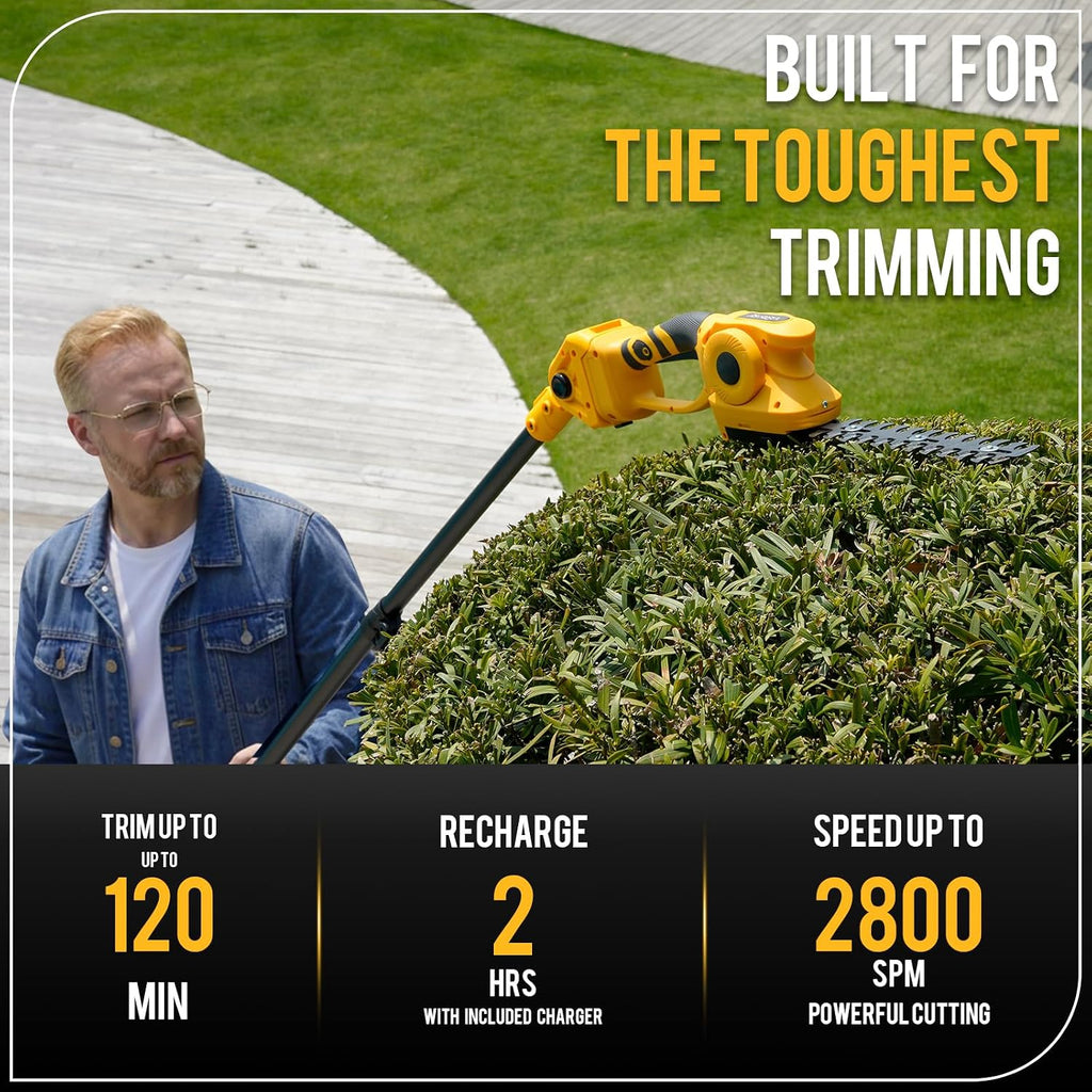 2-in-1 Cordless Pole Hedge Trimmer & Grass Shear, 14FT Reach | 20V Power with 2x4Ah Batteries, 9" Hedge Blade & Grass Shear, Multi-Angle Head, Up to 2800RPM for Shrubs and Lawn Edges