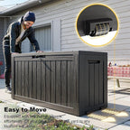 ROJIK Outdoor Storage Box with Wheels – 85 Gallon Mobile Waterproof Resin Deck Box, Lockable Storage for Patio Cushions, Garden Tools, Pool Accessories – UV-Resistant Storage Bench for Backyard & Deck