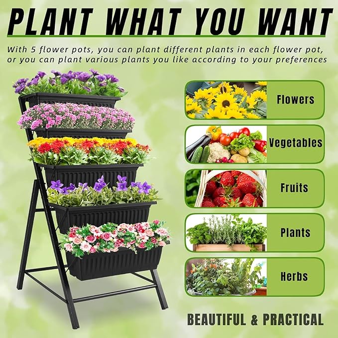 Homdox 2 Pack Vertical Garden Bed, 5 Tiers Vertical Raised Garden Planter, 23 * 26 * 45Inch Outdoor Garden Raised Bed with 4 Hooks, Vegetable Flower Planter Raised Stand for Garden Patio Yard, Black