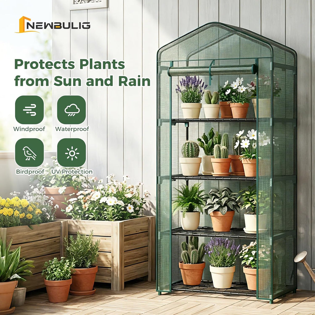 newbulig 27"x19"x63" mini greenhouse, with durable zipper door shown in use