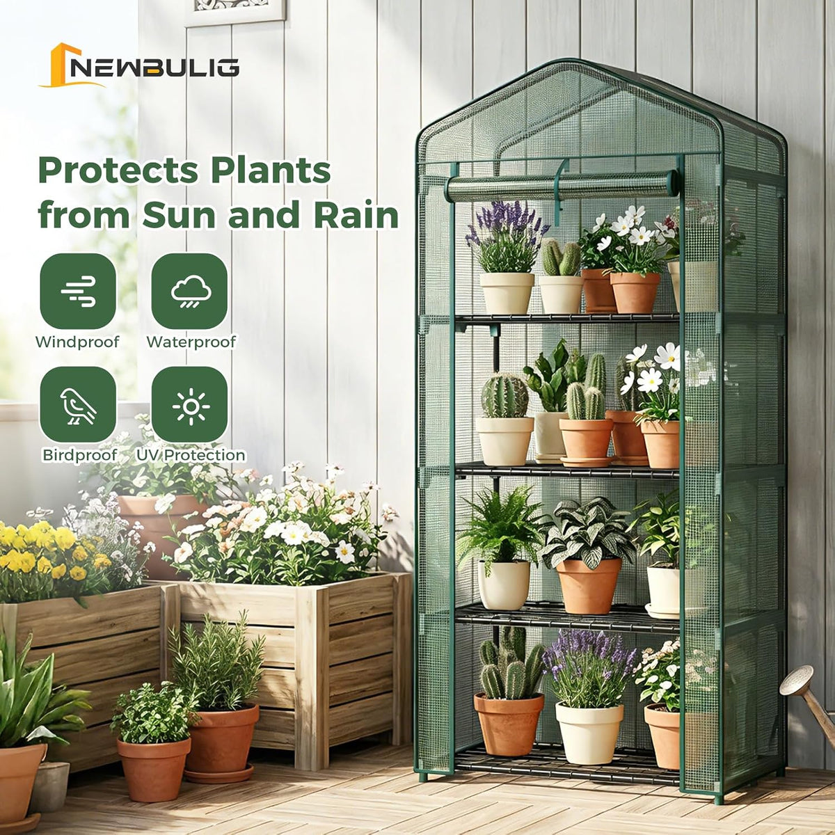 newbulig 27"x19"x63" mini greenhouse, with durable zipper door shown in use
