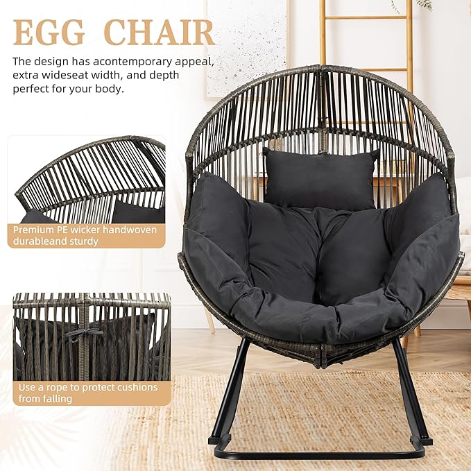 Vongrasig Wicker Egg Chair PE Rattan Rocking Chair with Cushion, Oversized Patio Lounge Rocker Chair for Outdoor, Indoor, Balcony, Backyard, Garden, Black/Rattan