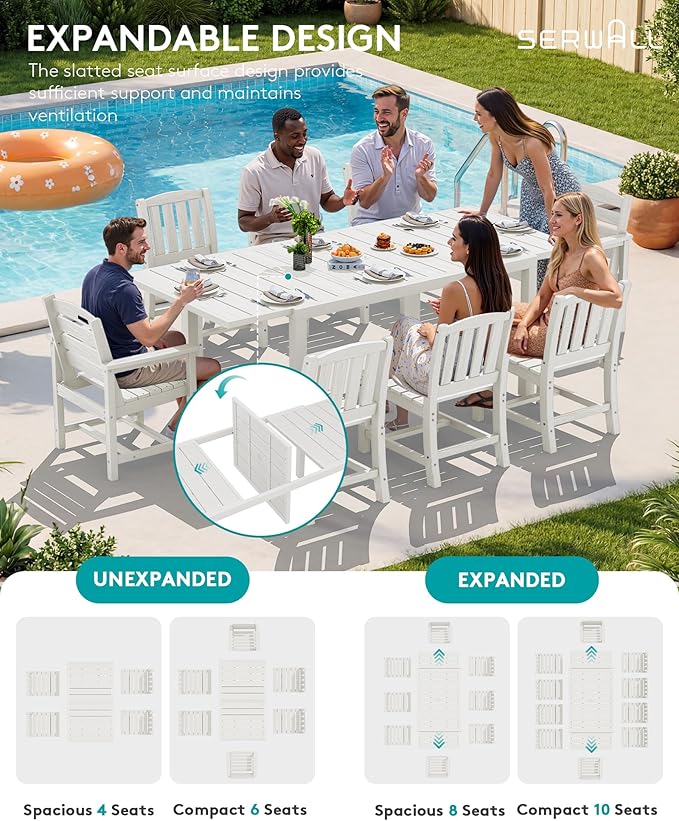 SERWALL Outdoor Expandable Dining Table 60" - 83", Patio Dining Table for 4-10 People, All Weather HDPE and Aluminum Outdoor Furniture for Backyard, Garden, White