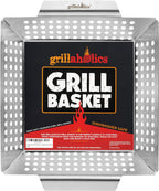 Grill Basket for Outdoor Grill - Durable Premium Stainless Steel Vegetable Grill Basket - XL Family Size BBQ Grill Basket - Perfect Grilling Accessories for Veggies, Fish, Shrimp & Kebabs | Family-Sized | Dishwasher Safe | Stainless Steel | Includes