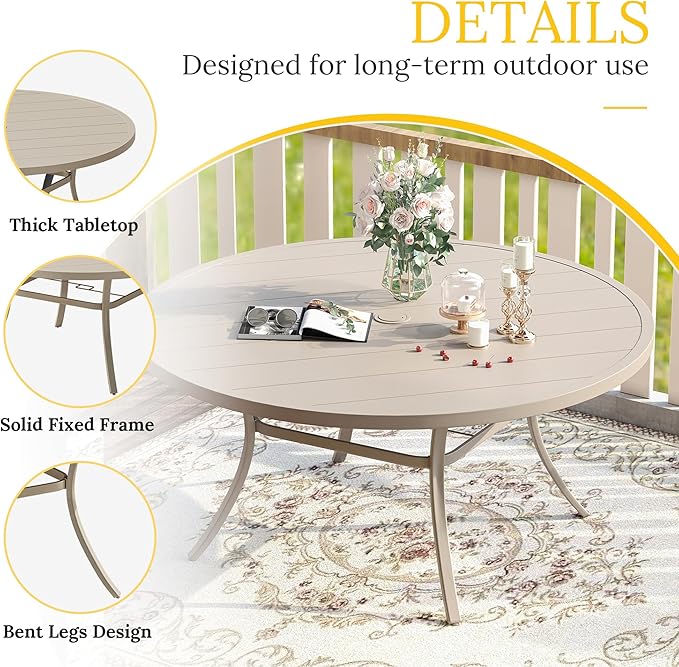 VICLLAX 60" Outdoor Round Patio Table for Lawn Garden, All Weather Metal Round Patio Dining Table with Adjustable Umbrella Hole, Outdoor Table for 8-10 Person, Cream Color Tabletop