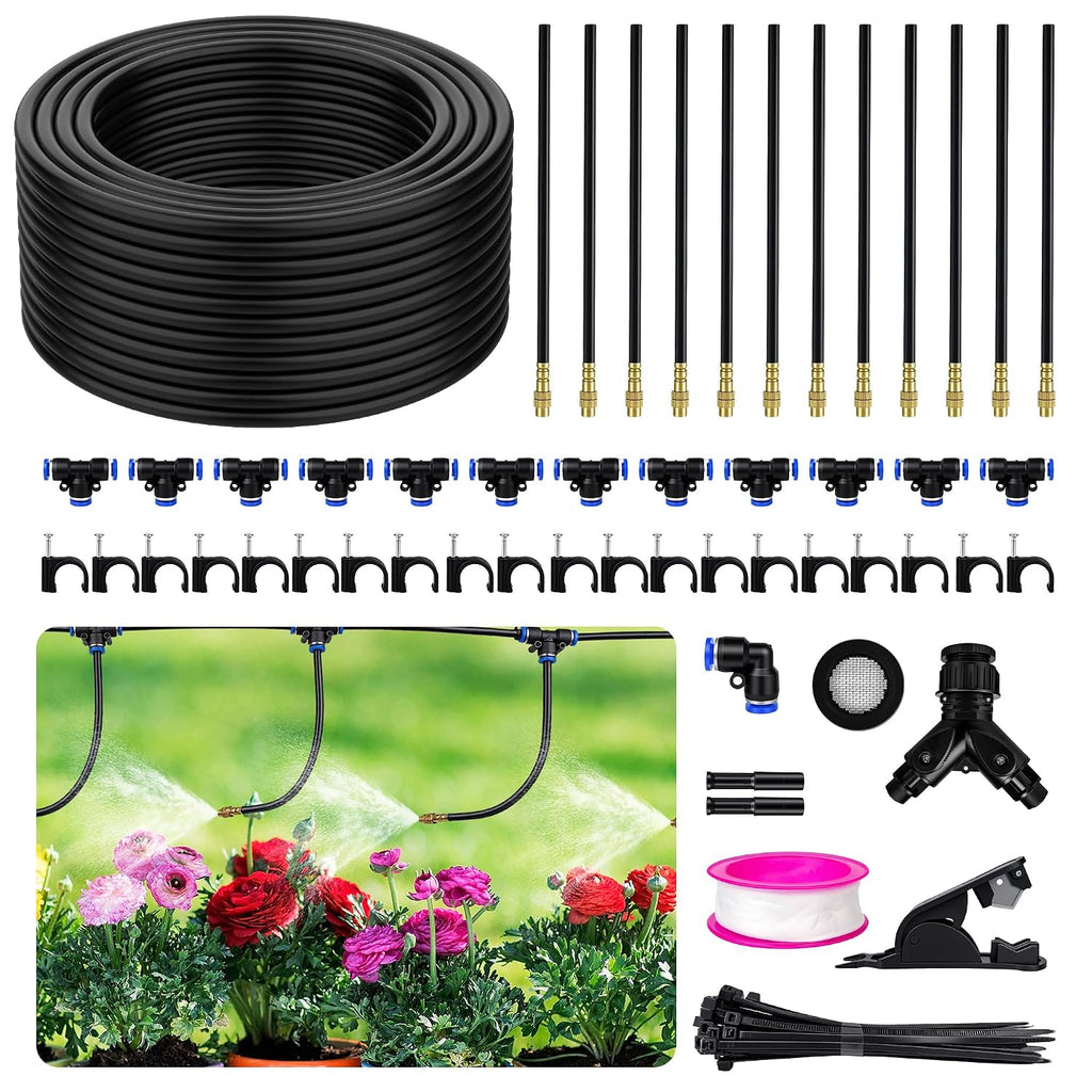 50FT 360° Adjustable Drip Irrigation System Garden Watering System with 12 Nozzles Plant Watering Devices Misting System Greenhouse Accessories for Yard, Lawn