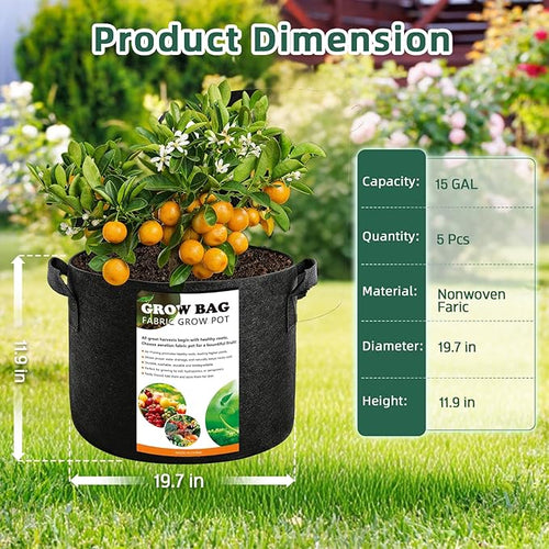 5 Pack 15 Gallon Grow Bags, Thickened Aeration Nonwoven Fabric Planting Bags with Handles, Heavy Duty 300G Garden Planter Bag for Tomato, Potato, Strawberry, Vegetable, Fruits and Flowers