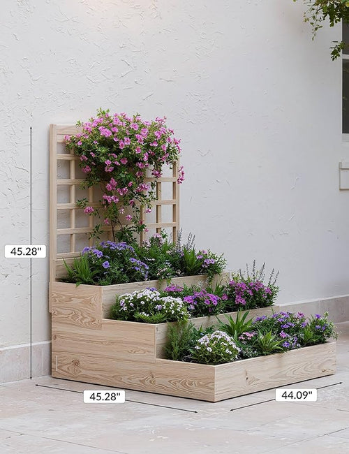 3-Tier Elevated Garden Planter, Wooden Vertical Raised Bed with Trellis & Drainage Base – Ideal for Climbing Plants, Flowers, Herbs, Vegetables – Outdoor Planter Box for Patio, Yard, or Lawn