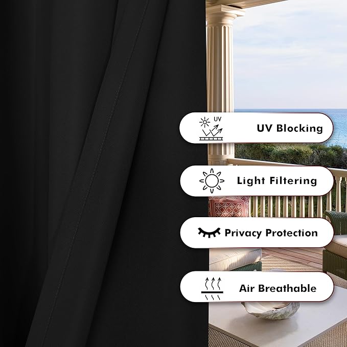 BONZER Waterproof Indoor/Outdoor Curtains for Patio Thick Privacy Grommet Curtains for Bedroom, Living Room, Porch, Pergola, Cabana, 1 Panel, 54W x 120L inch, Black