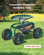 vevor rolling garden cart with swivel seat, heavy showing dimensions