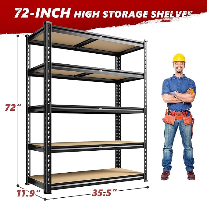 REIBII 2400LBS Storage Shelves 5 Tier Garage Shelving Heavy Duty Adjustable Garage Shelves, Utility Rack Shelf, Shelving Units for Storage Warehouse Pantry Closet, 35.5" W x 11.9" D x 72" H, 3 Pack