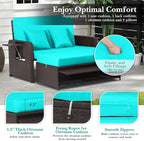 LDAILY Moccha Outdoor Daybed, Wicker Loveseat Sofa Set with 4-Postion Adjustable Backrest, Storage Ottoman, Cushions, Rattan Double Bed Lounger, Patio Furniture Set (Turquoise)