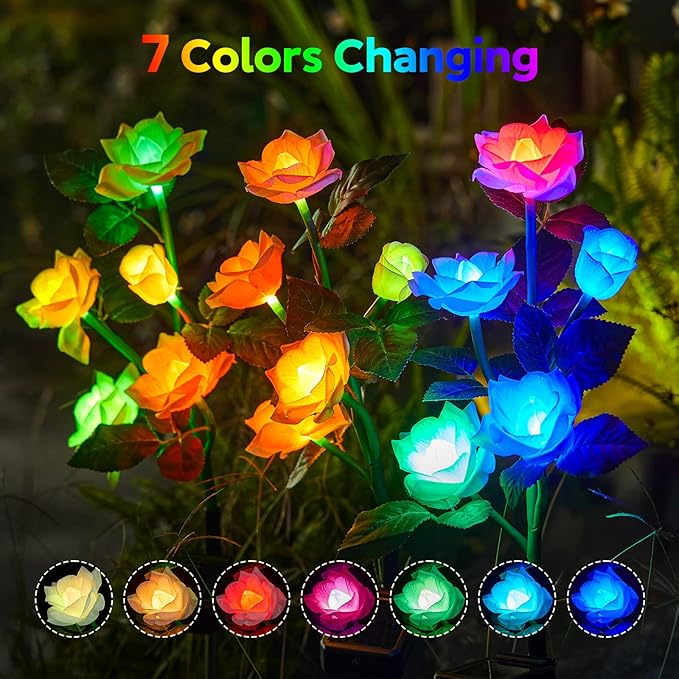 RECHOO Solar Garden Lights Outdoor Decorative, 3 Pack Solar Flower Lights with 15 Rose Flowers, Multi-Color Changing LED Waterproof Garden Decor for Landscape Pathway, Mother's Day Gifts for Women