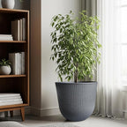WORTH Garden Round Large Planter Pot 1-Pack - 17.5" Dia x 15.5" H - Durable Plastic Grey Plant Tree Pots with Vertical Stripe Textured Finish, Drainage Hole for Indoor, Outdoor, Front Porch, Patio