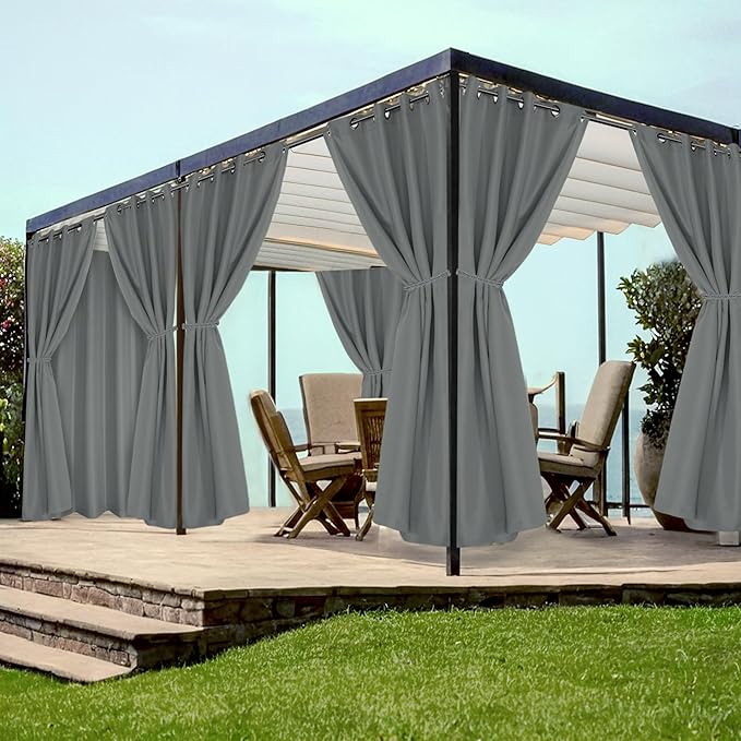 HolidayIdeas Grommet Top Outdoor Curtains for Patio Waterproof 8 Pcs All Weather Balcony Outside Curtain Panels for Apartments, Gazebo, Pergolas, Porch, 54x108 Inch, Grey