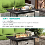 9-Piece Outdoor Patio Furniture Set with 55,000 BTU Fire Pit Table, PE Wicker Rattan Sectional Sofa Patio Conversation Set with Ottomans & Coffee Table, Avocado Green