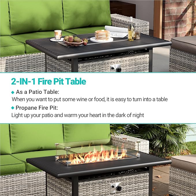 9-Piece Outdoor Patio Furniture Set with 55,000 BTU Fire Pit Table, PE Wicker Rattan Sectional Sofa Patio Conversation Set with Ottomans & Coffee Table, Avocado Green
