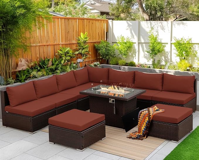 NICESOUL 10 Pieces Outdoor Patio Furniture Set with Fire Pit Table Natural Gas/Propane, 29.3'' High-Back Big Sectionals PE Wicker All Weather Conversations, Brown Rattan and Burgundy Cushion