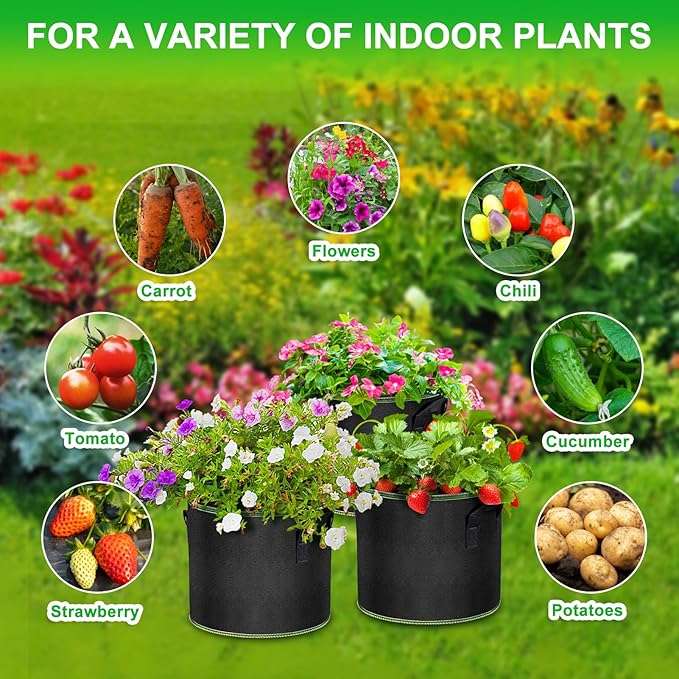 3 Gallon Grow Bags 6 Pack - Thickened Nonwoven Aeration Planter Bags with Handles, Plant Tags & Seedling Bags, Chili Vegetable Gardening Fabric Pots
