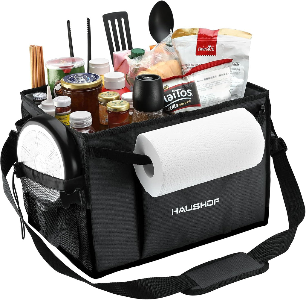HAUSHOF Large Grill and Picnic Caddy with Paper Towel Holder | Condiment Pocket, Foldable BBQ Organizer Easy Carry Griddle Caddy for Camping, RV, Outdoor Waterproof Oxford Cloth (Black)