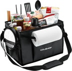 HAUSHOF Large Grill and Picnic Caddy with Paper Towel Holder | Condiment Pocket, Foldable BBQ Organizer Easy Carry Griddle Caddy for Camping, RV, Outdoor Waterproof Oxford Cloth (Black)