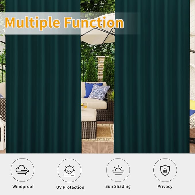 Easy-Going Outdoor Patio Curtains Detachable Tab Top Windproof Weatherproof Curtain for Cabana, Porch, Pergola and Gazebo, Tab Bottom Drape, 2 Panels, 54W x 120L inch, Teal