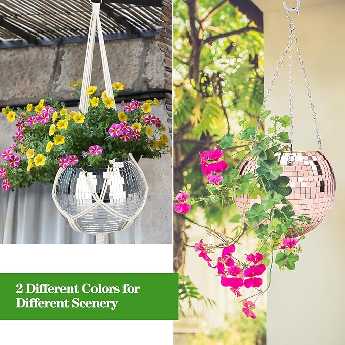 Disco Ball Planter, 1pcs 10” Silver Disco Ball Planter, Disco Ball Plant Hanger with Hanging Rope, Hanging Chain, Hook, Circle and Extra Mirror Pieces