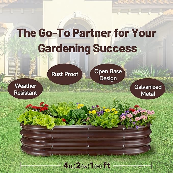 GOOZOO 2PC Galvanized Planter Raised Garden Bed, 4x2x1ft Raised Garden Bed Kit for Gardening Outdoor, Oval Metal Land Planter Box for Vegetables, Fruits, Flowers（Brown）