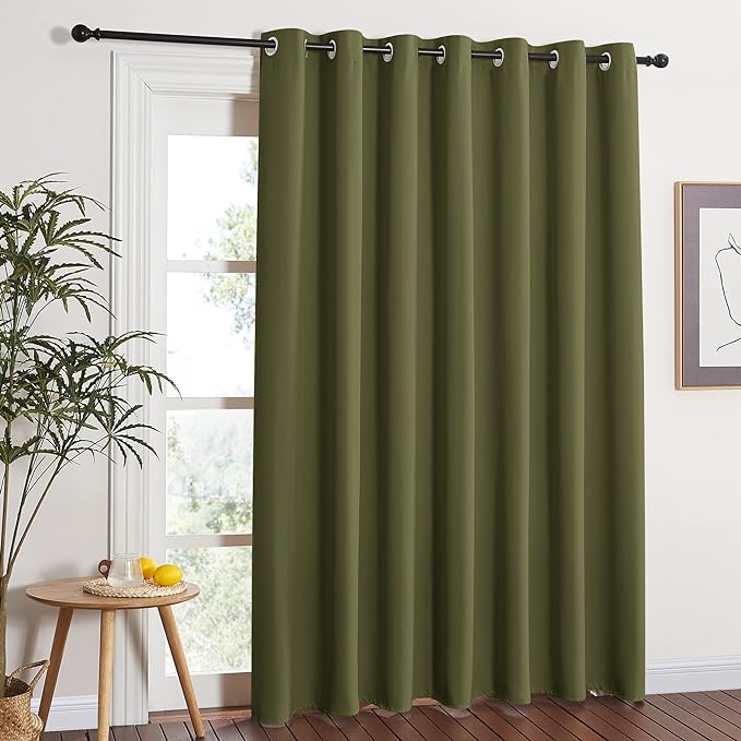 NICETOWN Window Treatment Sliding Door Curtain - Thermal Insulated Wide Width Solid Blackout Patio Glass Door Drape, Extra Wide Draperies (Olive Green, 100 inches Wide x 84 inches Long)