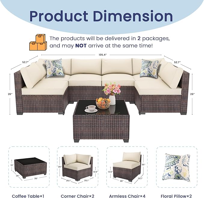 7 Piece Outdoor Patio Furniture Set, Outdoor Sectional Furniture, Rattan & Wicker Modern Modular Conversation Set Sectional Sofa W/Water Resistant Washable Thick Cushions and Coffee Table, Brown/Beige