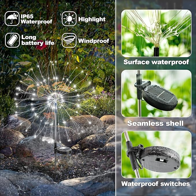 Anordsem Solar Fireworks Lights Outdoor: Garden Light Waterproof for Yard Outside - LED Starburst White Lighting Patio Path Decor 8 Pack - Gardening Gifts for Women Mom Homeowner