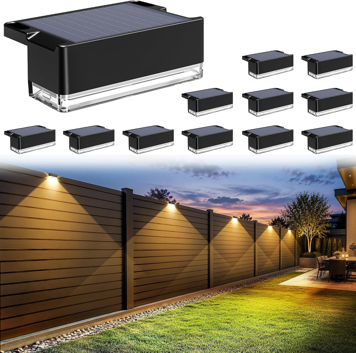 auderwin solar fence lights outdoor 12 pack-3000k/4000k/6000k, waterproof, main product view