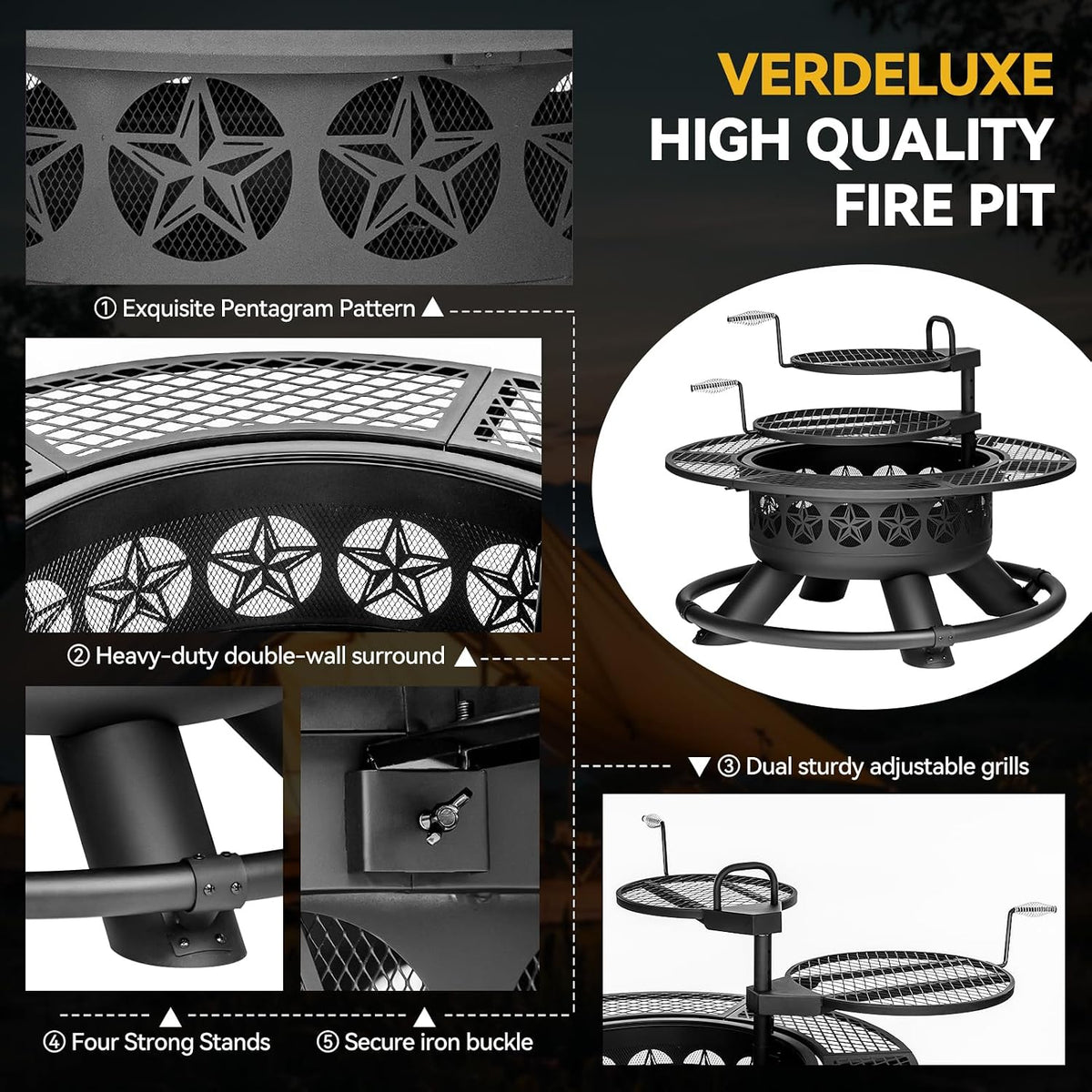 verdeluxe 47 inch outdoor fire pit with 2 showing dimensions