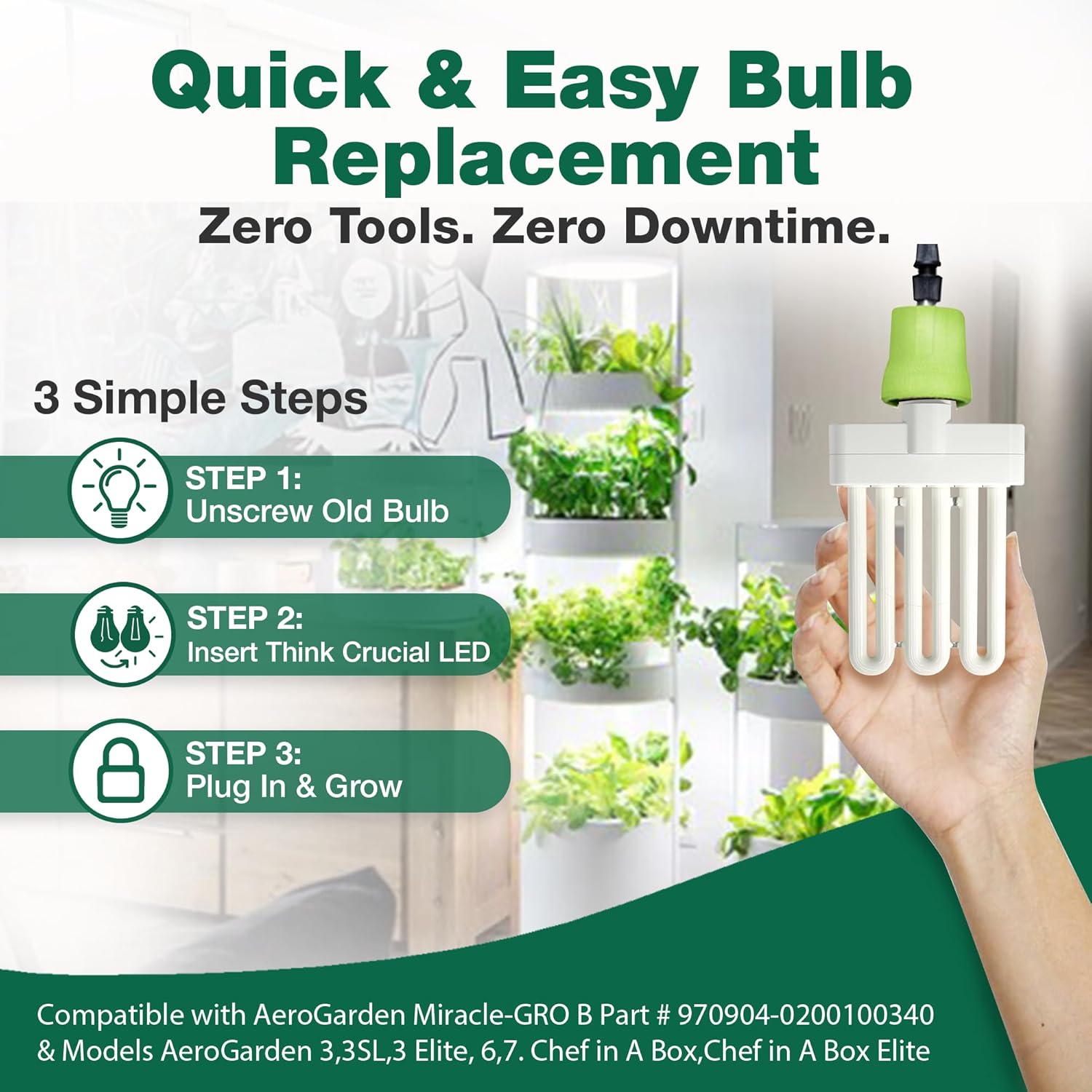 3 Grow Bulbs Compatible with AeroGarden Miracle-GRO B Part # 970904-0200,100340 & Models AeroGarden 3, 3SL, 3 Elite, 6, 7, Chef in A Box, Chef in A Box Elite (3 Pack) -by Think Crucial