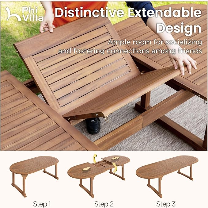 PHI VILLA Outdoor Acacia Wood Expandable Table for 6-8, Extendable Wooden Dining Table with Slat Design, Large Rectangular Farmhouse Dining Furniture for Patio, Deck, Porch, Backyard