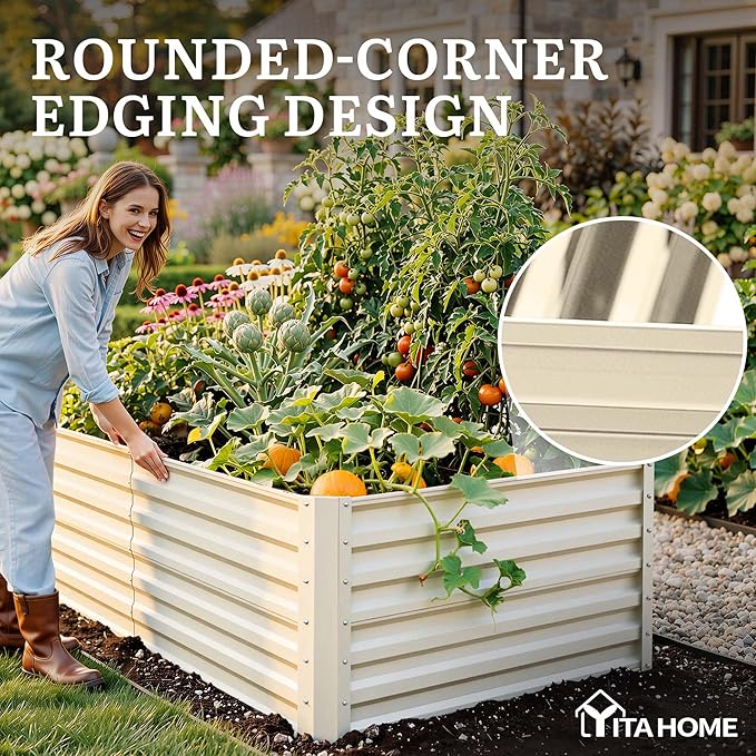 YITAHOME 6x3x2ft Large Raised Garden Bed Kit, Galvanized Metal Planter Box with Gloves, Support Rod, Outdoor Above Ground Planters for Plants Vegetables Flowers, Cream Yellow